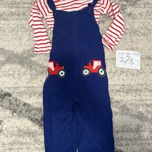 Boden Blue Overalls with Red Tractor Appliques 2-3 2 3 boys overalls shirt set